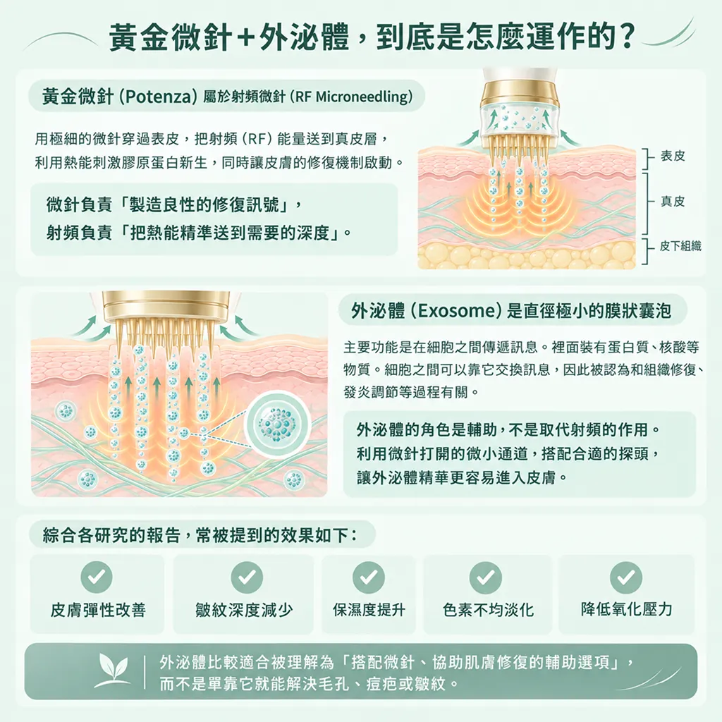 黃金微針Potenza與外泌體Exosome導入皮膚示意圖
