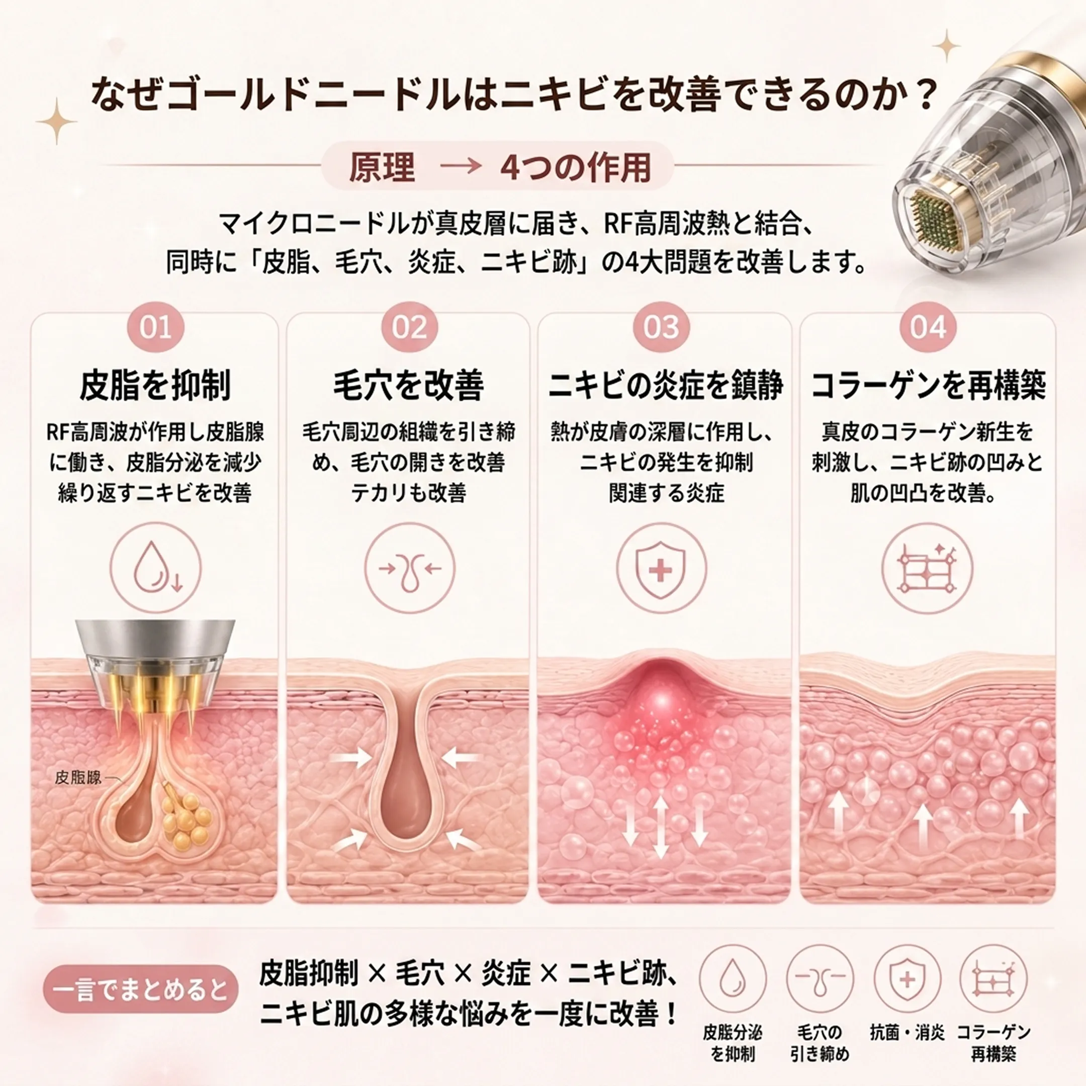 黃金微針為什麼能改善痘痘皮脂腺調控毛孔收縮膠原重建機制說明圖-why-gold-rf-microneedling-原理-→-4つの作用-ja.webp