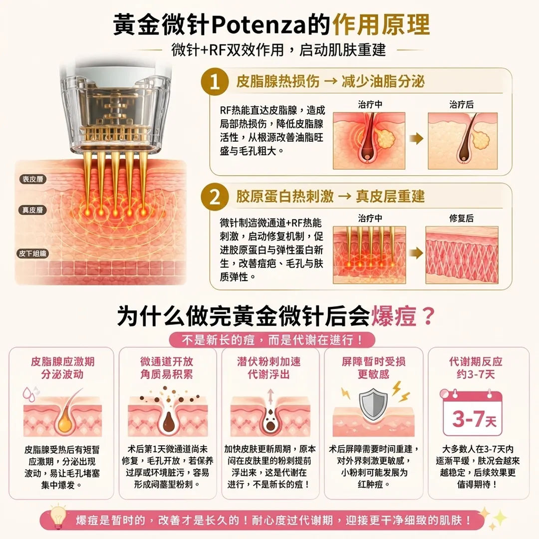 黃金微針Potenza-RF射頻微針複合皮脂腺熱損傷膠原蛋白重建再生原理說明圖-potenza-rf-microneedling-微针-RF双效作用，启动肌肤重建-zh-cn.webp