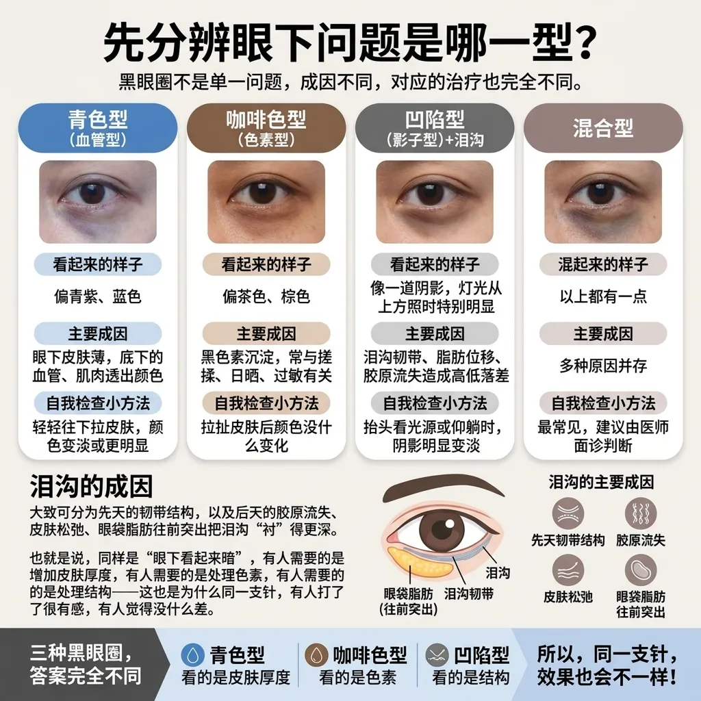 黑眼圈类型分辨 - 黑眼圈不是单一问题,成因不同,对应的治疗也完全不同。黑色素沉淀,常与搓揉、日晒、过敏有关。