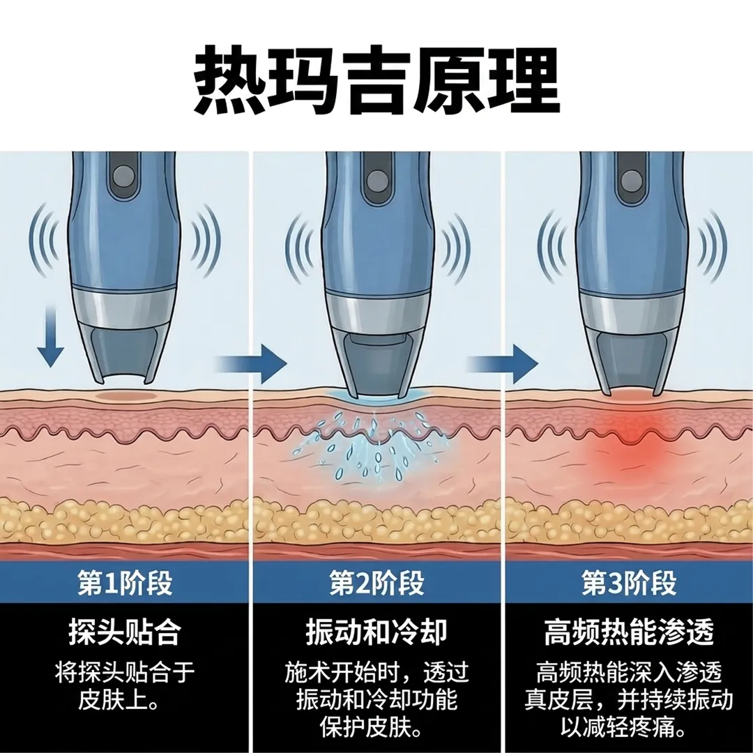써마지-原理-效果-施术开始时,透过振动和冷却功能保护皮肤。-将探头贴合于皮肤上。-热玛吉原理-振动和冷却-zh-cn.webp