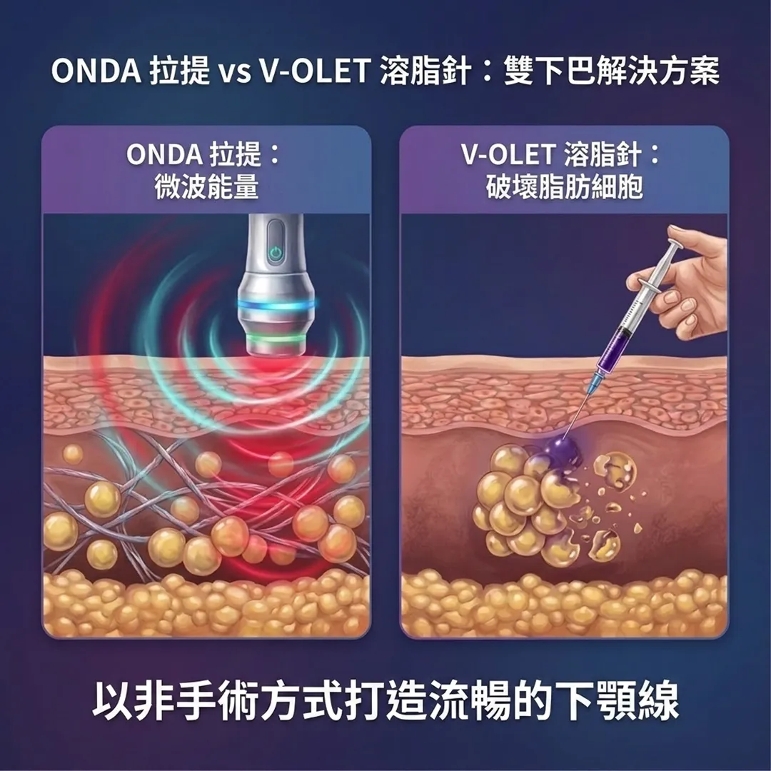 온다리프팅-브이올렛-주사-ONDA-拉提-vs-OLET-溶脂針:雙下巴解決方案-溶脂針:破壞脂肪細胞-拉提:微波能量-以非手術方式打造流暢的下顎線-zh-tw.webp