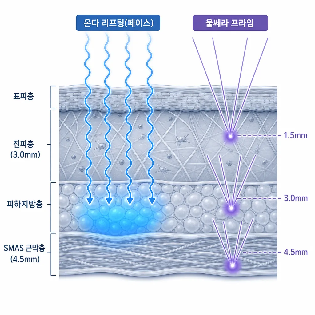 온다와-울쎄라-작동-원리-타겟-층별-에너지-침투-비교.webp