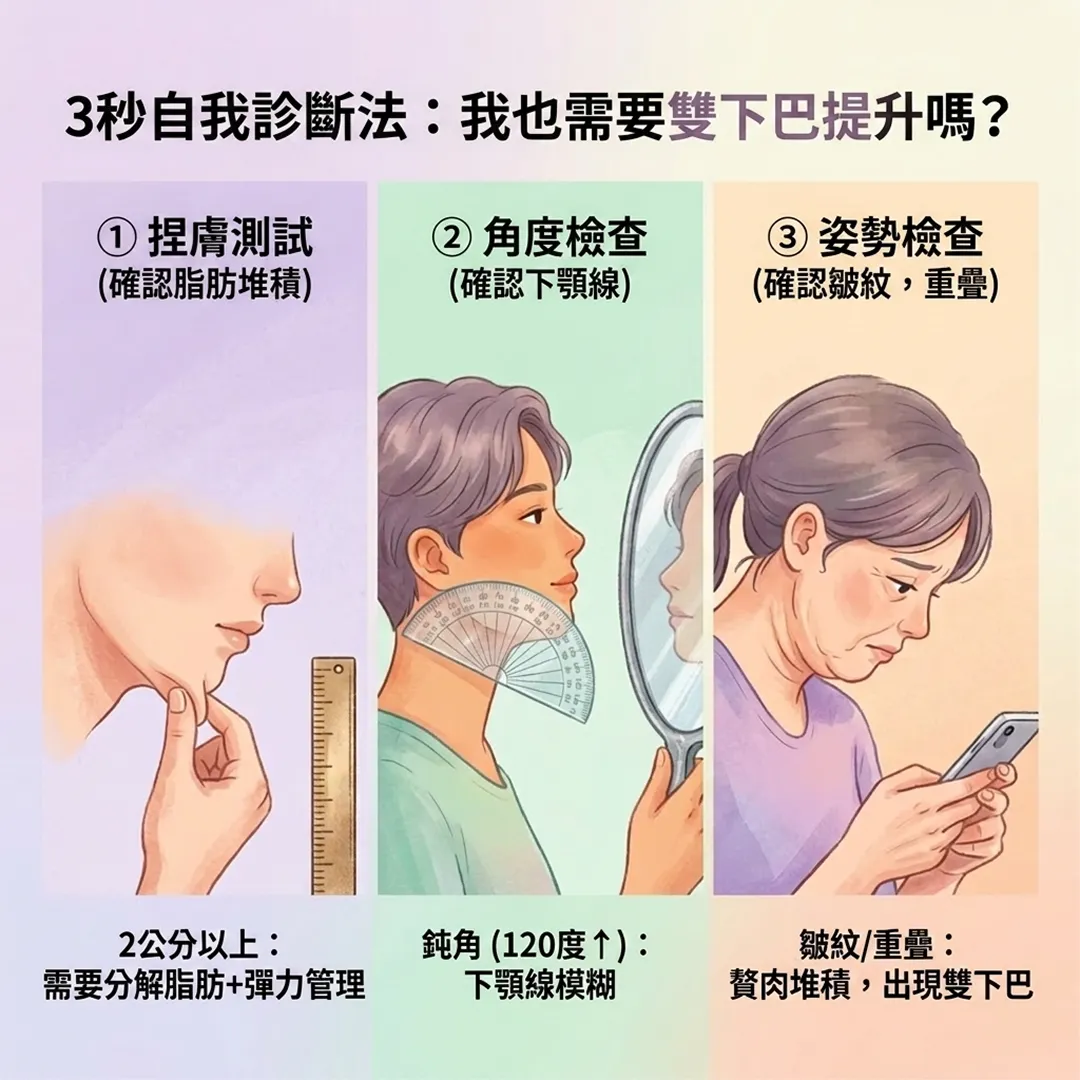 이중턱-자가진단법-3秒自我診斷法:我也需要雙下巴提升嗎?-①-捏膚測試-②-角度檢查-③-姿勢檢查-zh-tw.webp