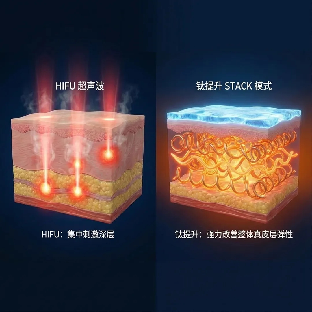 티타늄리프팅-차이-钛提升-STACK-模式-HIFU-超声波-钛提升：强力改善整体真皮层弹性-HIFU：集中刺激深层-zh-cn.webp