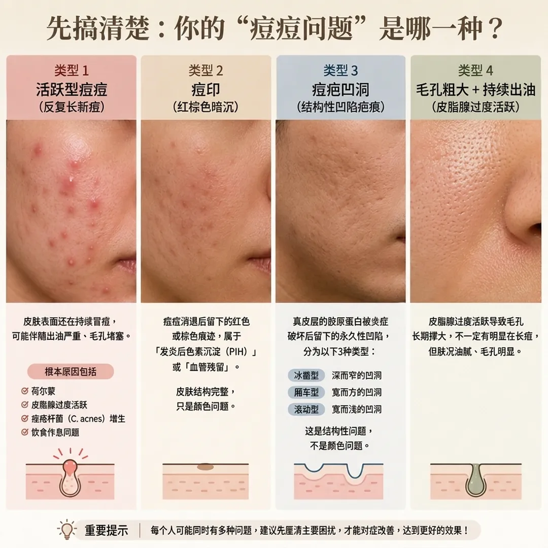 1你的痘痘问题是哪一种活跃型痘痘痘印痘疤凹洞毛孔出油类型说明图-acne-problem-types-active-先搞清楚:你的“痘痘问题”是哪一种?-类型-1-2-3-marks-zh-cn.webp
