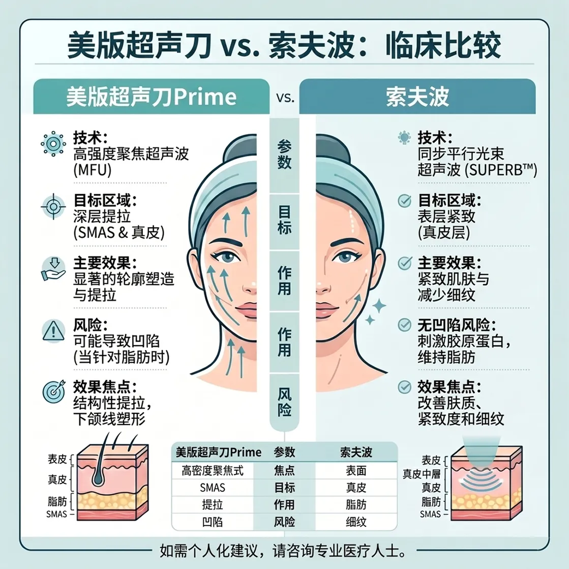 1美版超声刀-vs-索夫波：临床比较-目标区域：深层提拉-SMAS-真皮-技术：高强度聚焦超声波-MFU-目标区域：表层紧致-真皮层-zh-cn.webp