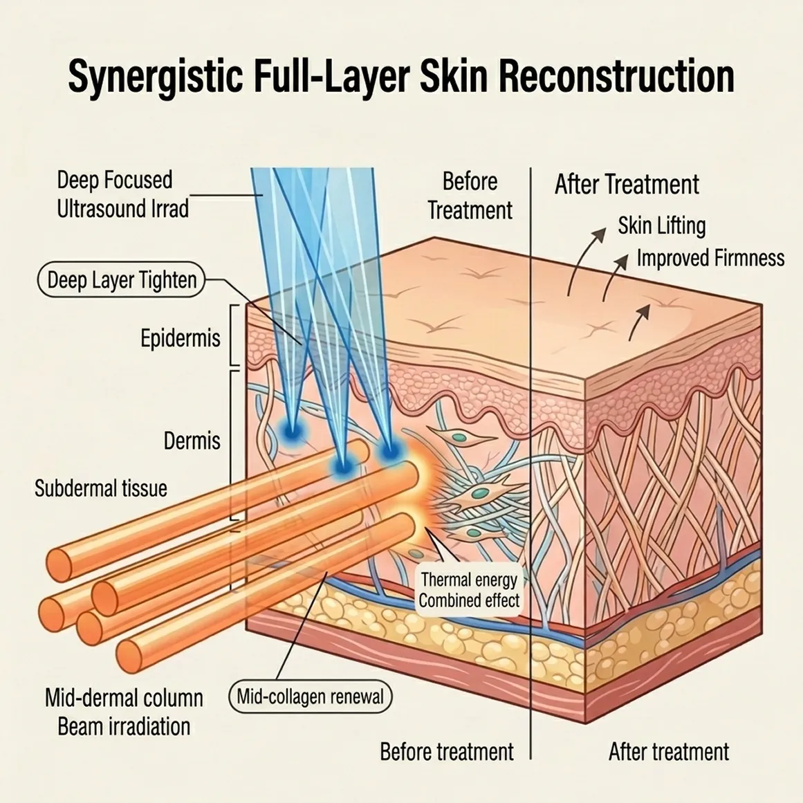 Diagram illustrating the synergistic full-layer skin reconstruction achieved by combining deep and mid-dermal treatments