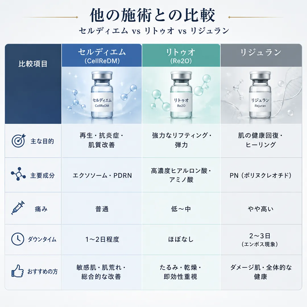 3大スキンブースター比較ガイド_セルディエム、リトゥオ、リジュランの効果と痛みを比較した図解.webp