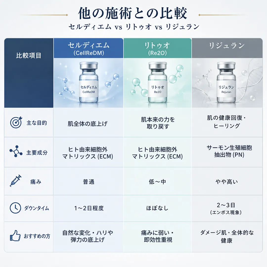 3大スキンブースター比較ガイド_セルディエム、リトゥオ、リジュランの効果と痛みを比較した図解-1.webp
