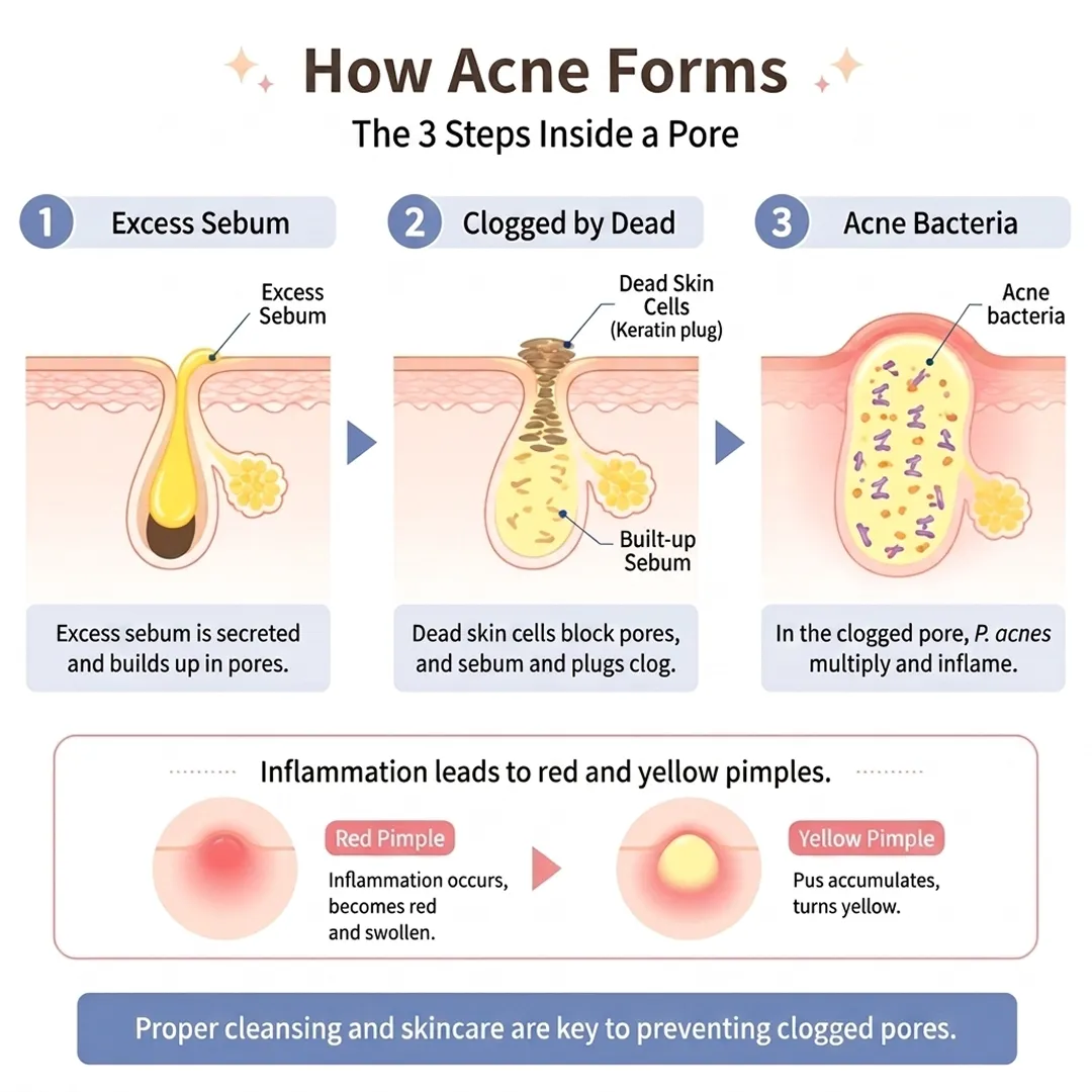 Diagram illustrating the 3 steps of how acne forms inside a pore: excess sebum, clogged by dead skin cells, and acne bacteria