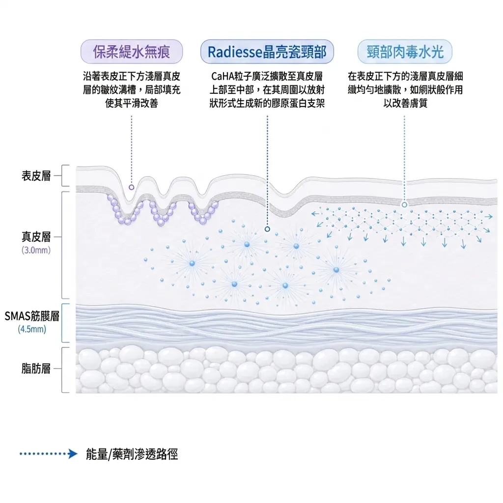 491-CaHA粒子廣泛擴散至真皮層上部至中部,在其周圍以放射狀形式生成新的膠原蛋白支架-在表皮正下方的淺層真皮層細緻均勻地擴散,如網狀般作用以改善膚質-zh-tw.webp