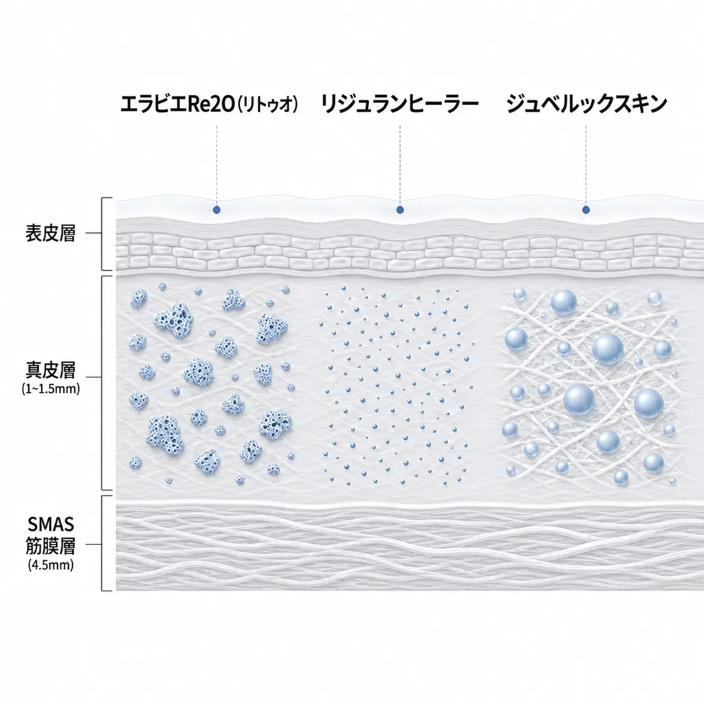 エラビエRe2O(リトゥオ)、リジュランヒーラー、ジュベルックスキンの作用原理比較表