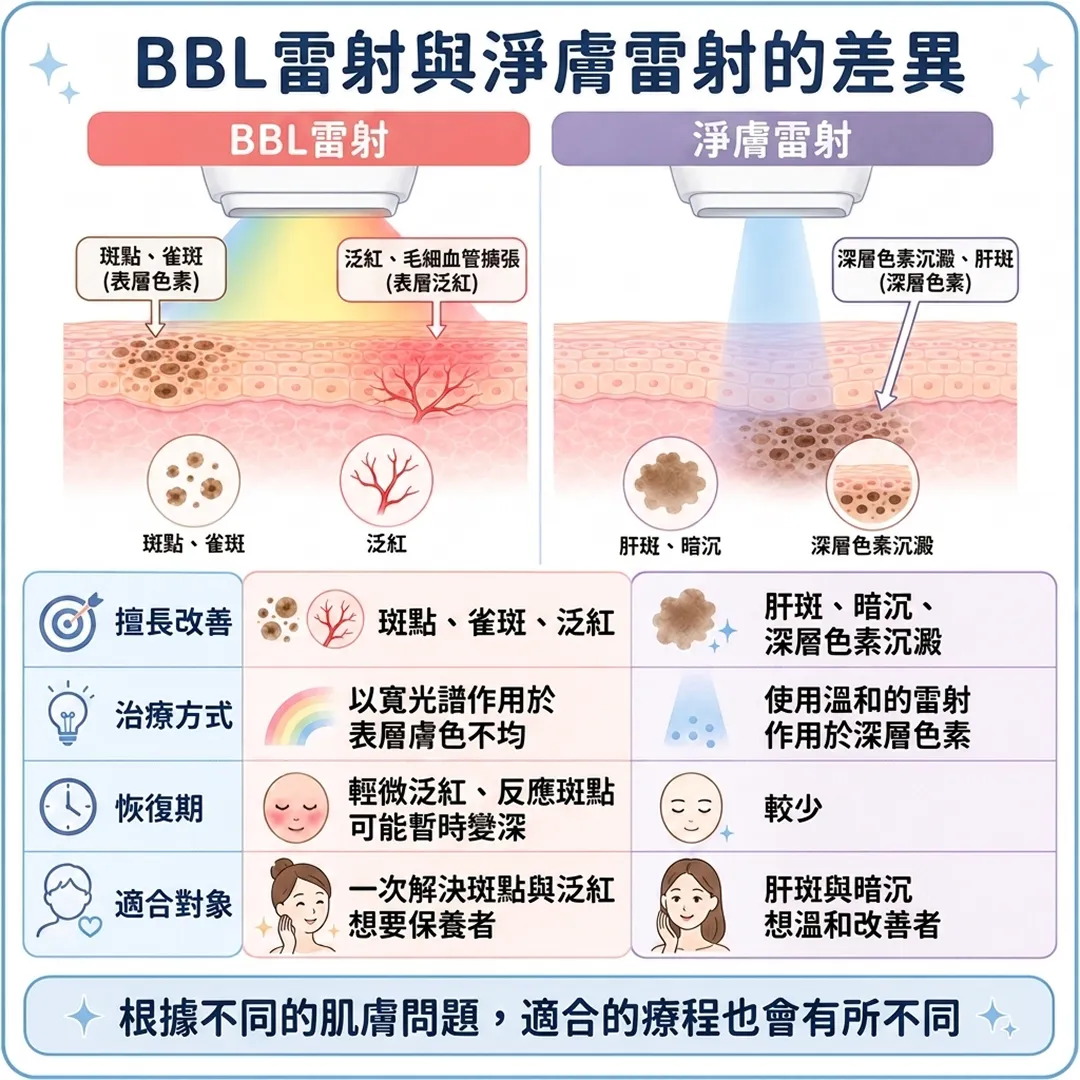 BBLレーザーとレーザートーニングの比較表-BBL雷射與淨膚雷射的差異-（表層色素）-（表層泛紅）-（深層色素）-zh-tw.webp