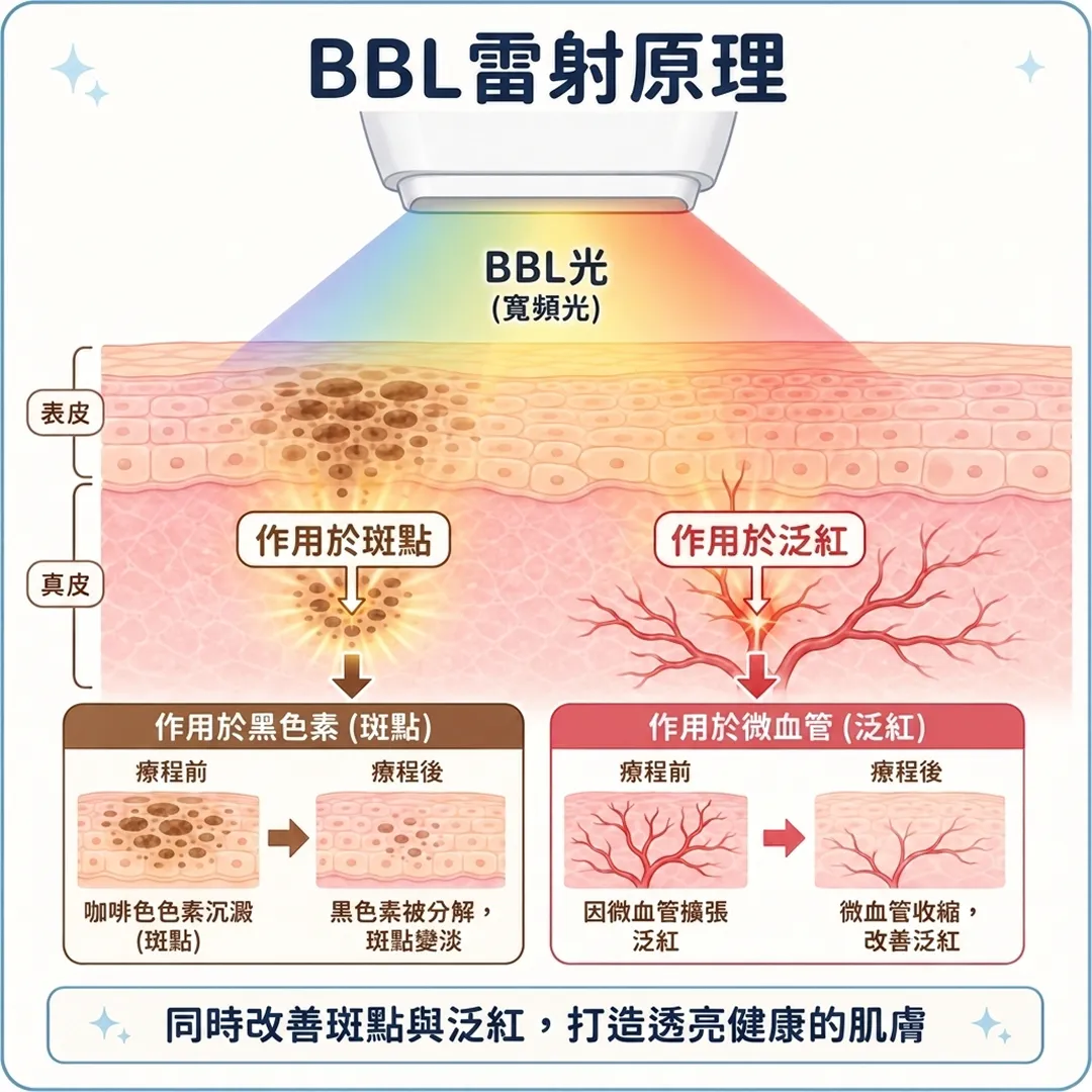 BBLレーザーのメカニズム-作用於黑色素（斑點）-作用於微血管（泛紅）-BBL雷射原理-（寬頻光）-zh-tw.webp