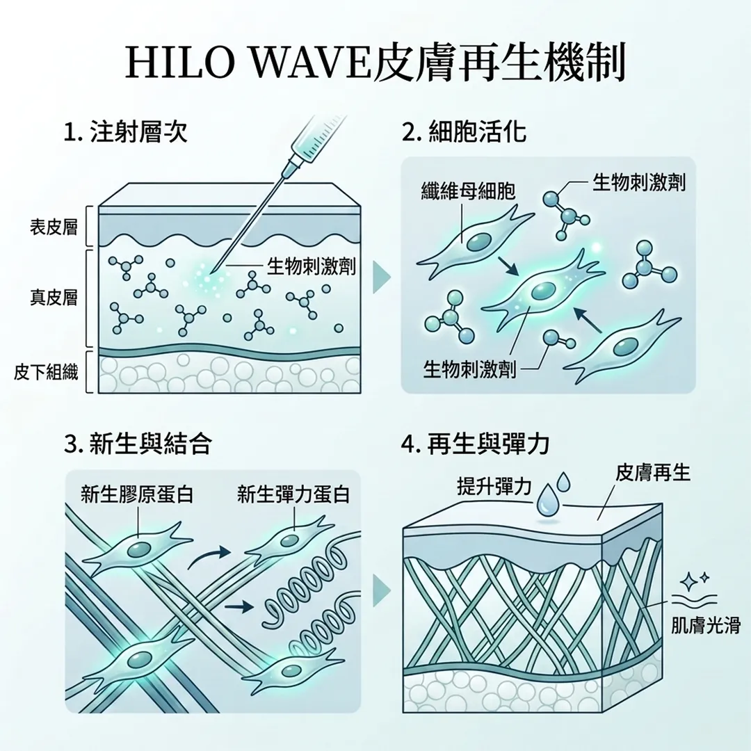 HILO-WAVEの皮膚再生メカニズム-WAVE皮膚再生機制-1-注射層次-2-細胞活化-纖維母細胞-zh-tw.webp