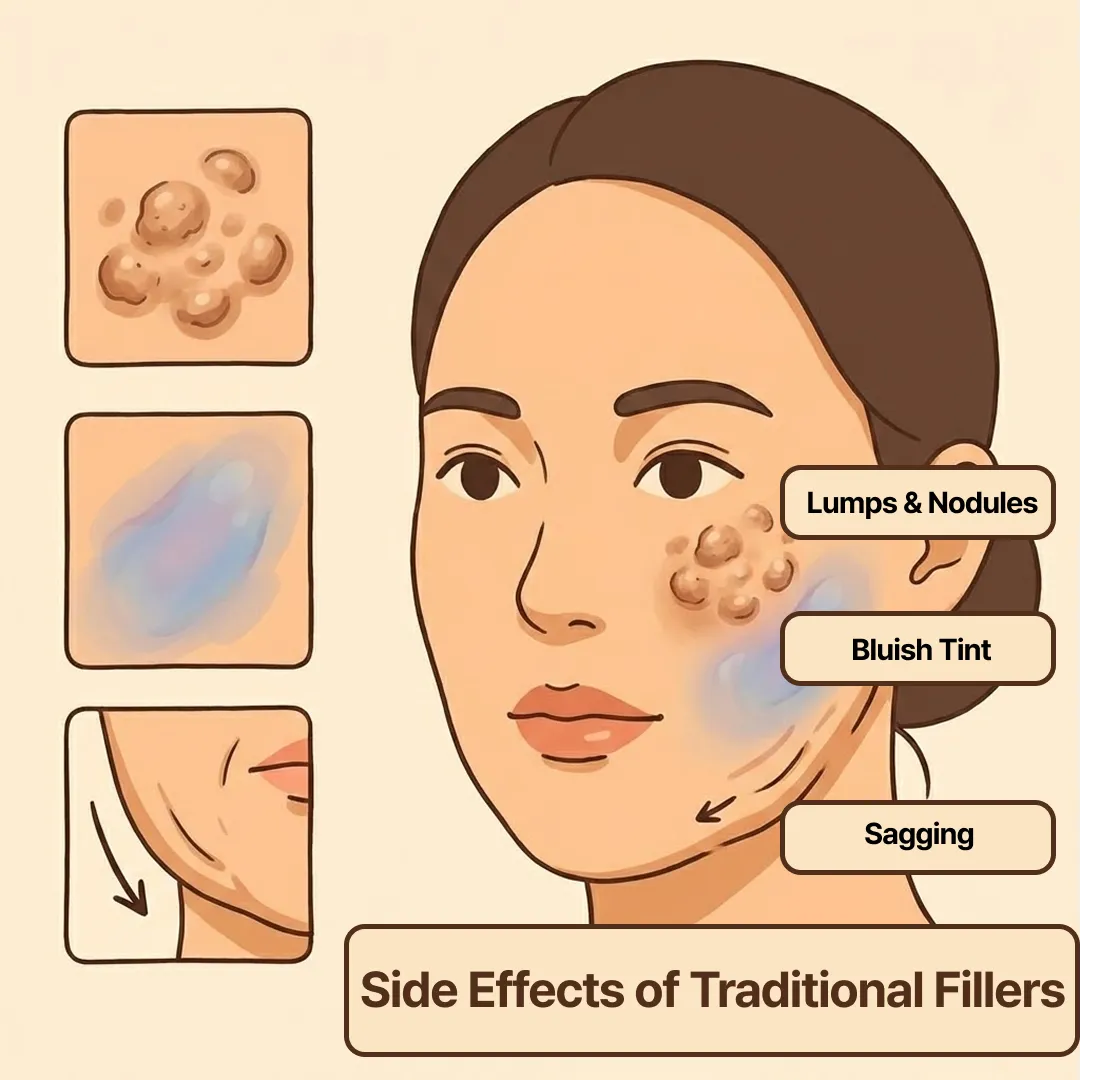 Comparison of traditional filler migration vs. Hilo Wave natural integration for side cheeks and a peanut-shaped face.
