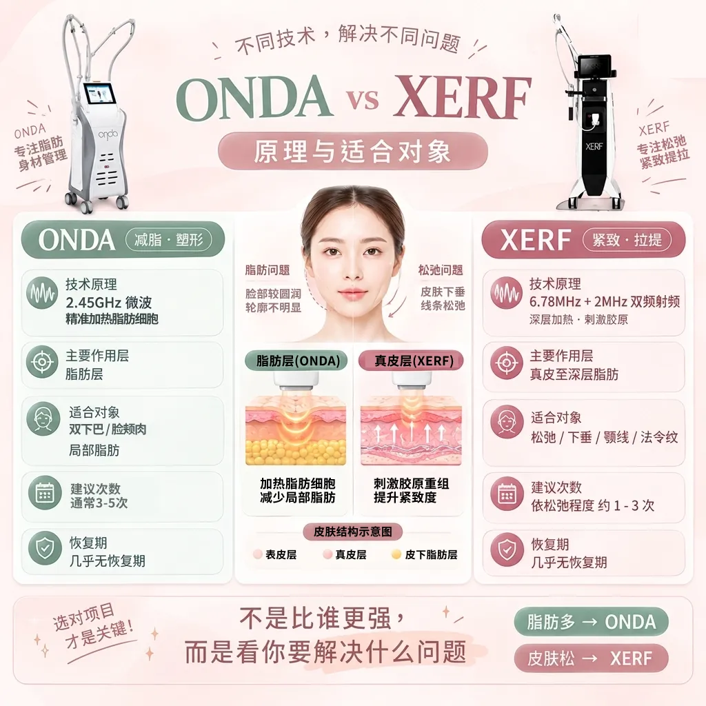 ONDA超微波与XERF双频射频原理与适合对象对比,专注脂肪与紧致提拉