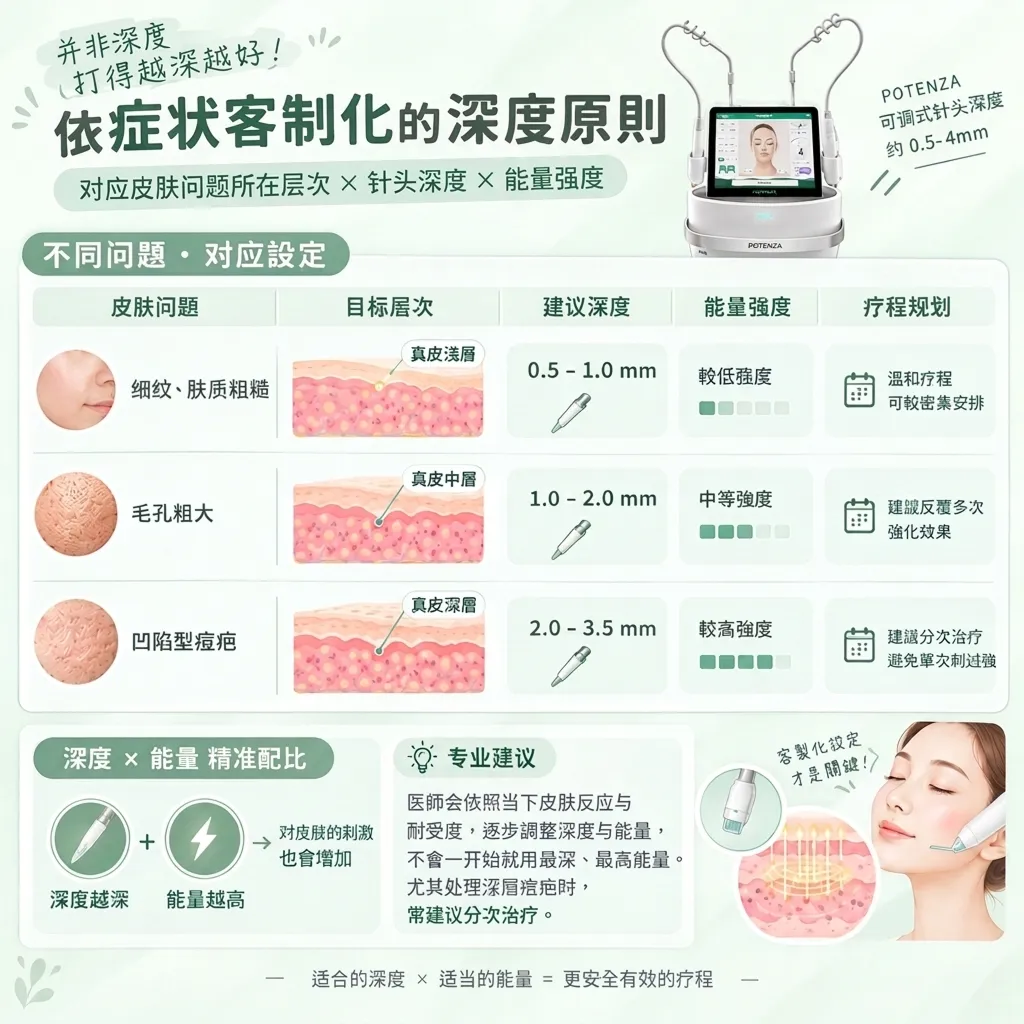 POTENZA黄金微针依症状调整针头深度示意图：约0.5-4mm，对应皮肤问题所在层次×针头深度×能量强度，依症状定制化的深度原则