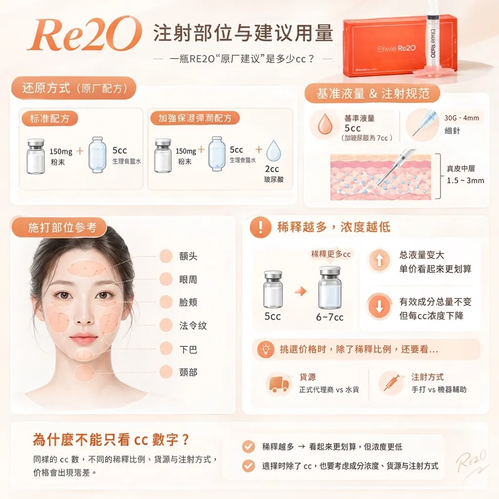 RE2O原厂粉末与生理盐水稀释示意图-RE2O-powder-saline-dilution-Elravie-一瓶RE2O“原厂建议”是多少cc?-RE2O注射部位与建议用量-zh-cn.webp