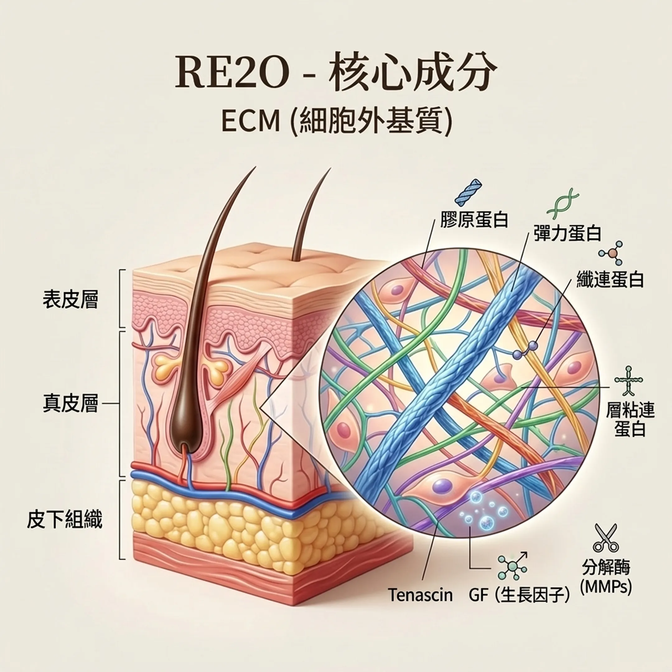 RE2O-스킨부스터-성분-核心成分-ECM-細胞外基質-層粘連蛋白-膠原蛋白-zh-tw.webp