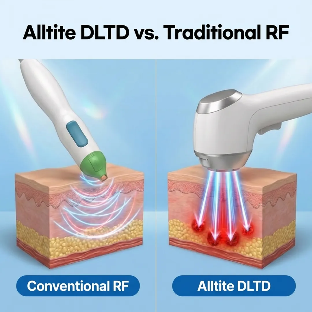 A woman's face before and after Alltite Lifting 400 shots, showing improved jawline and tightened skin at Seye Clinic.