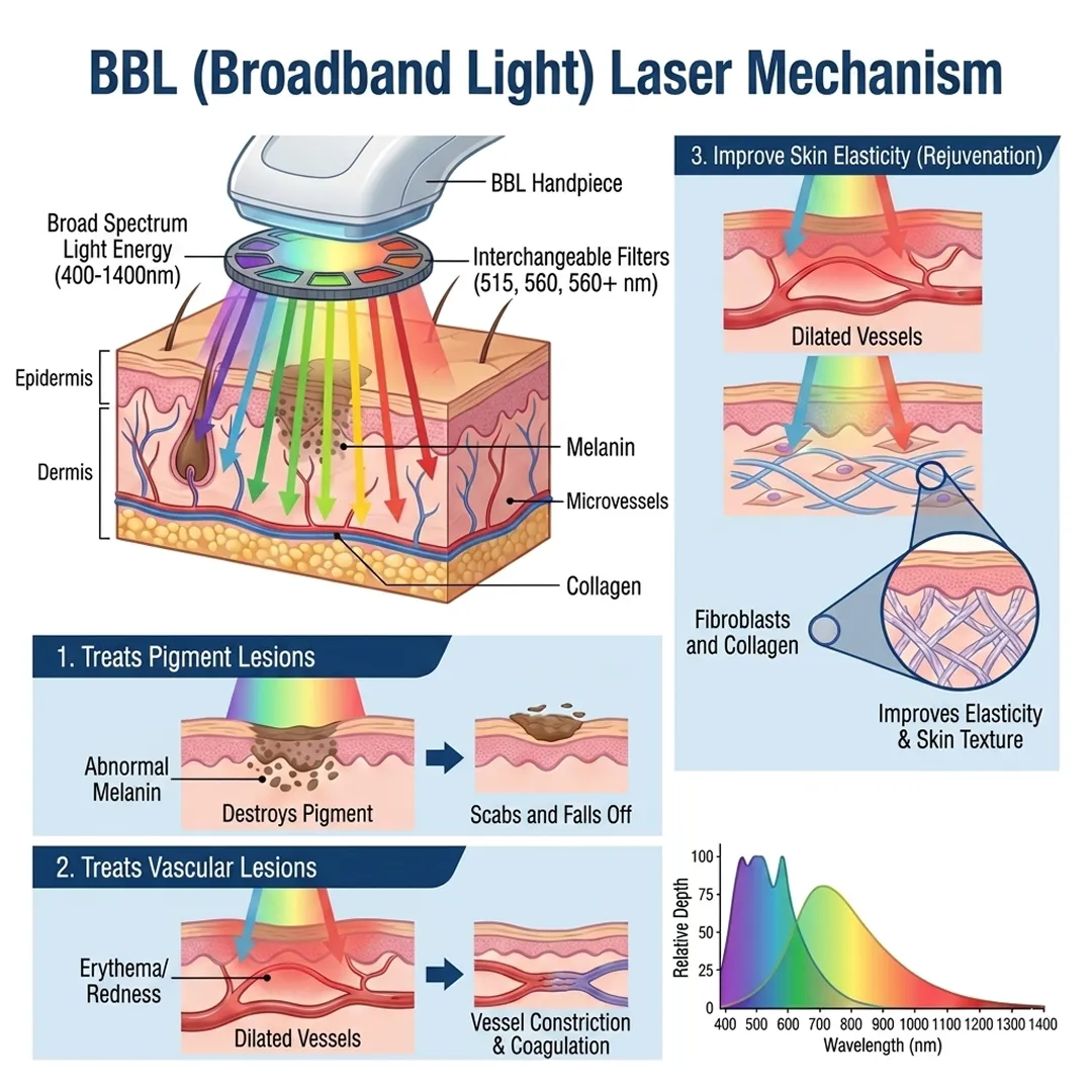 BBL BroadBand Light laser mechanism targeting melanin and microvessels in the skin