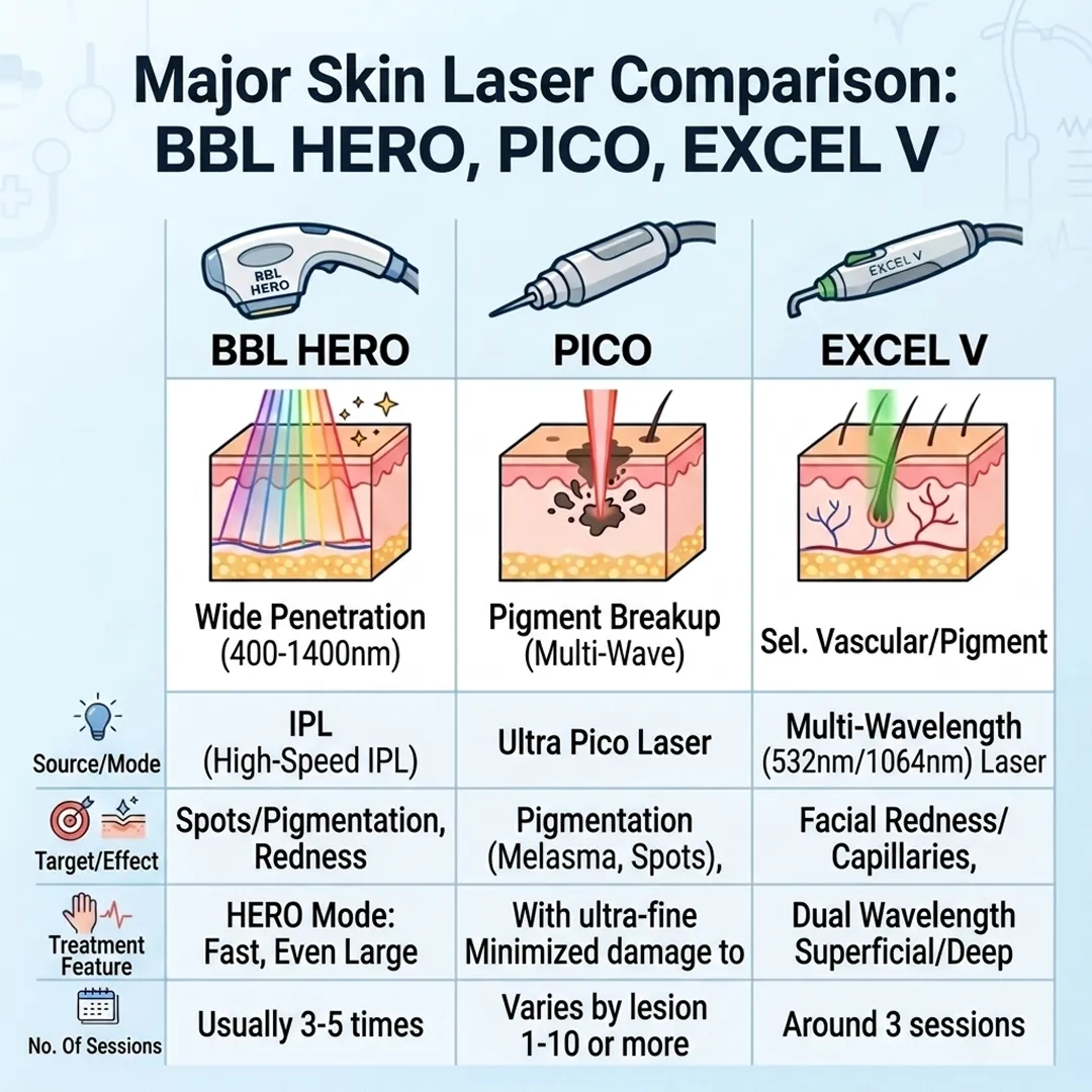 Comparison of major skin lasers: BBL HERO, PICO, and EXCEL V for pigmentation and redness