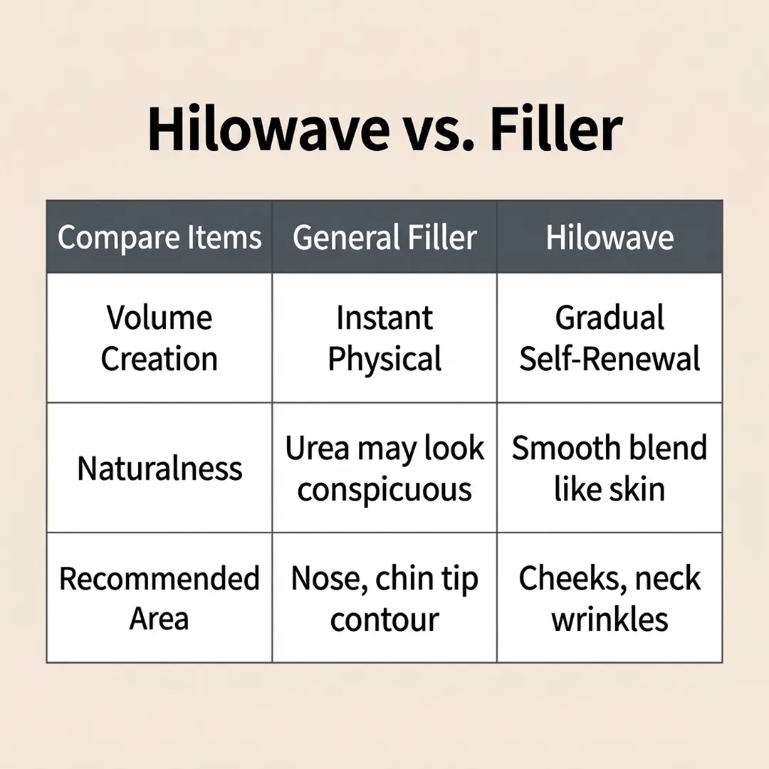 Comparison table of HiloWave gradual self-renewal vs instant physical fillers