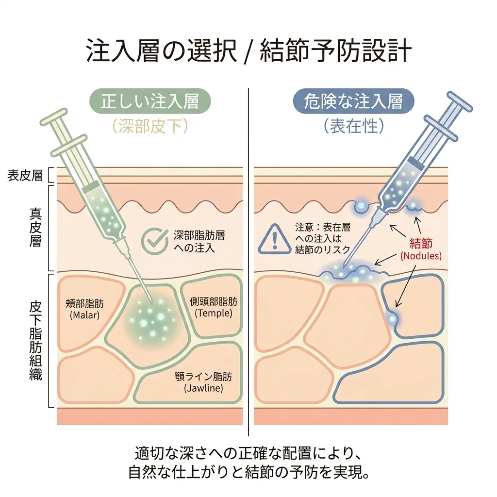 エランセ注入における解剖学的深度と結節を予防するための安全な注入層を示す図