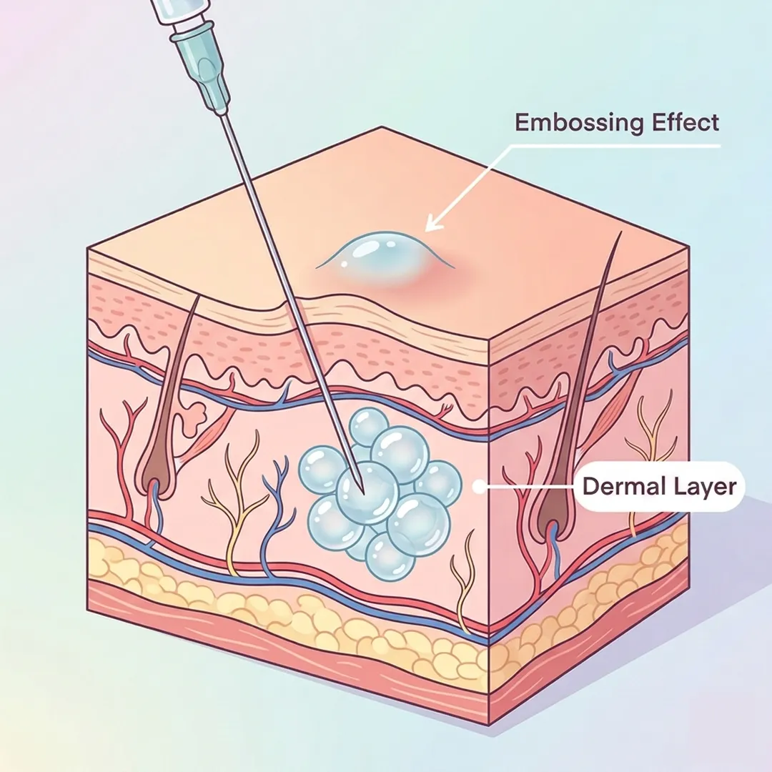 Detailed diagram of Rejuran Healer forming bumps in the dermal layer
