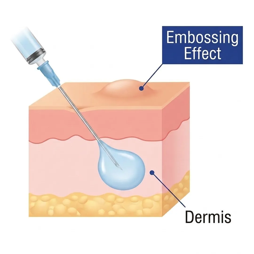 Illustration showing the embossing effect of Rejuran Healer injected into the dermis