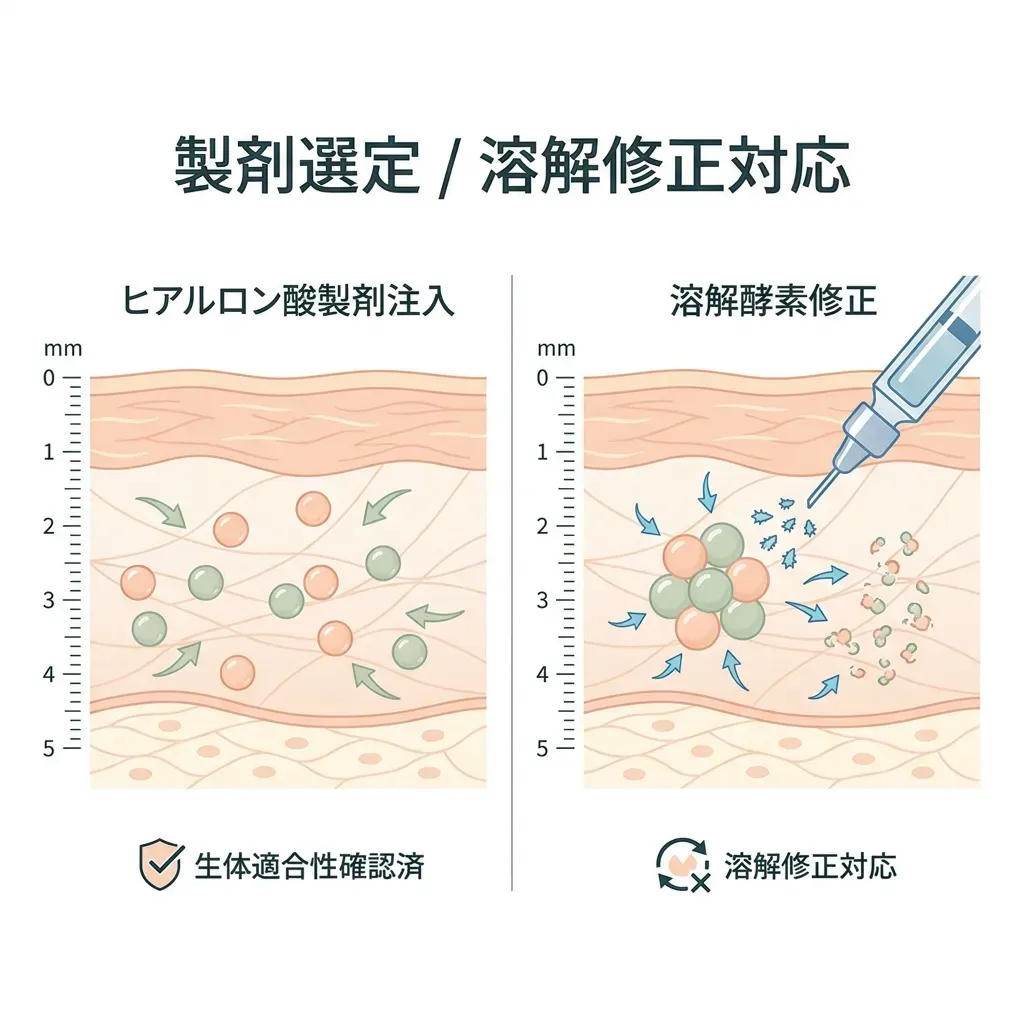 ヒアルロン酸フィラーの組織親和性と修正時の作用機序図