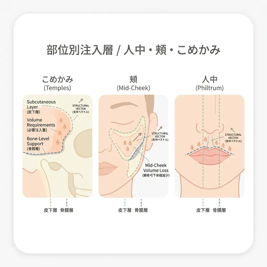 人中・こめかみ・頬のフィラー注入層と構造の解説図
