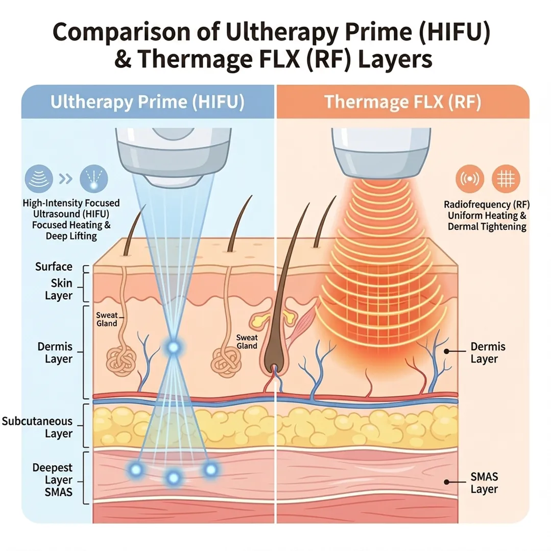 Comparison of Ultherapy Prime HIFU and Thermage FLX RF skin layers