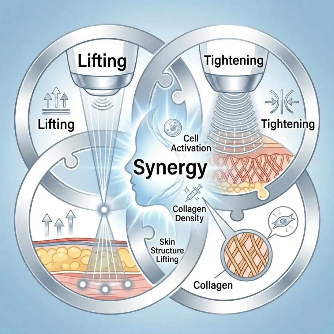 Synergy of lifting and tightening for collagen activation