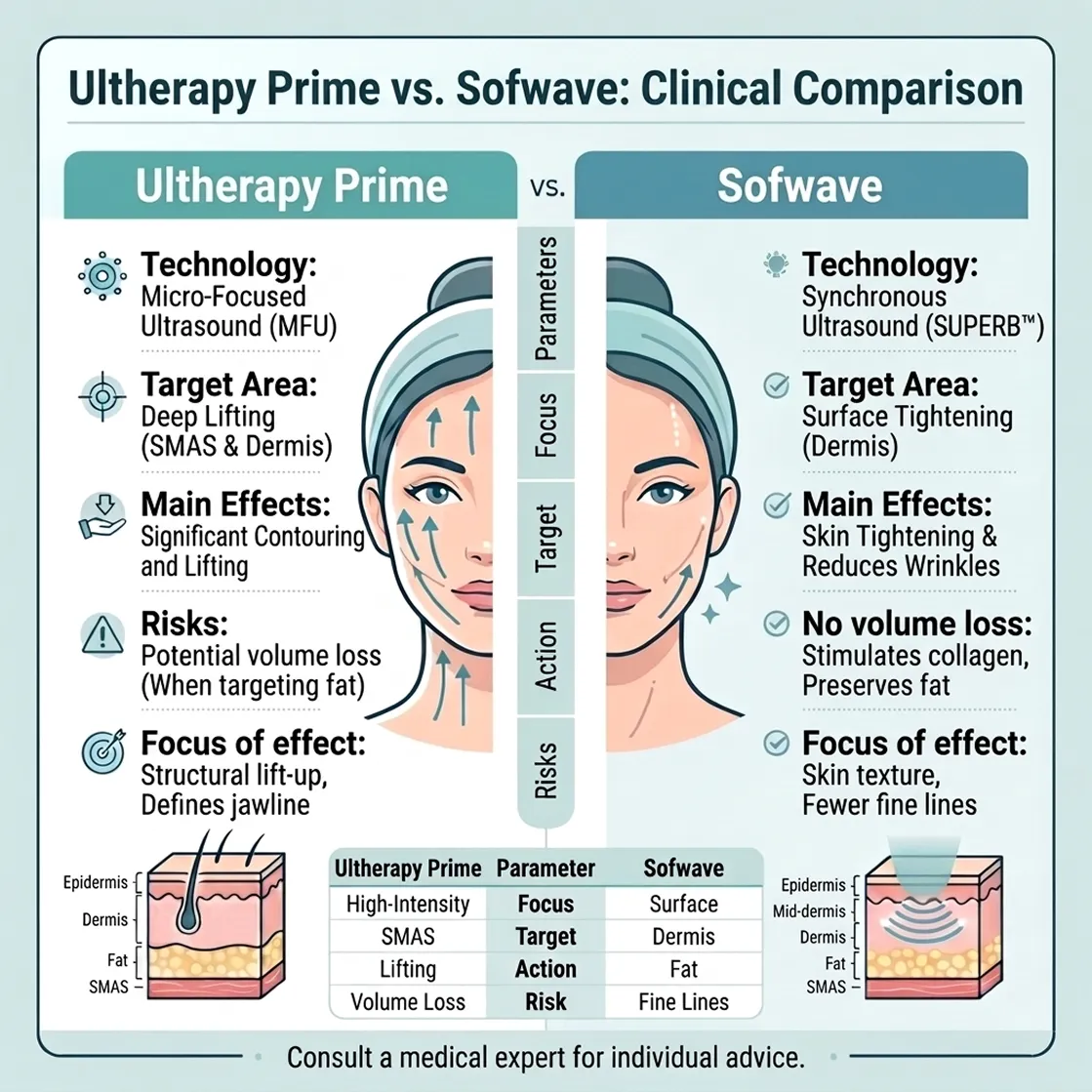 Clinical comparison chart showing the differences between Ultherapy Prime and Sofwave technologies