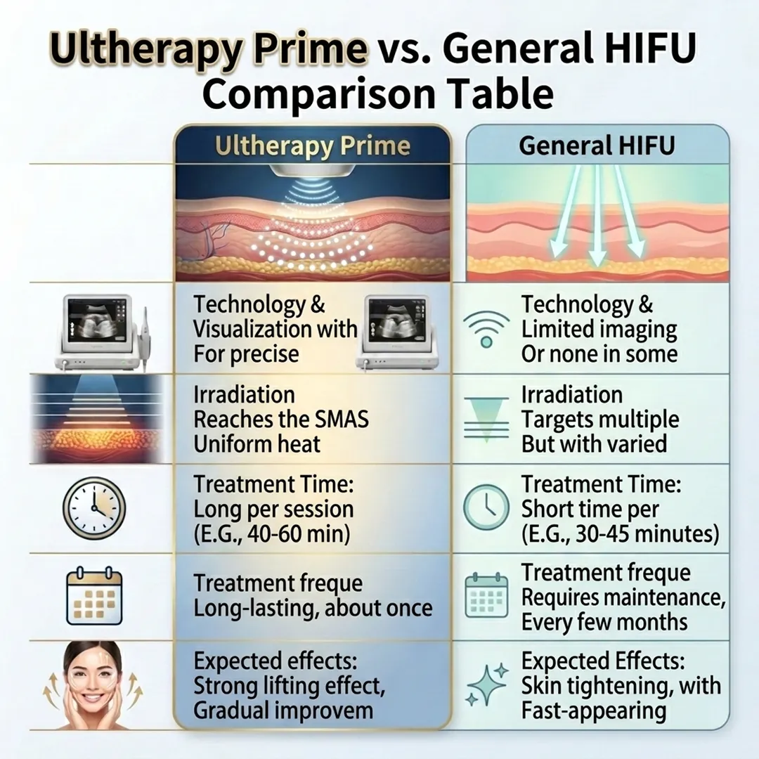 Comparison table of Ultherapy Prime versus General HIFU