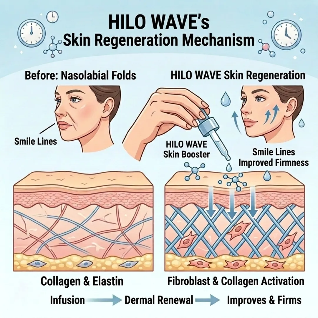 Diagram showing Hilo Wave skin regeneration mechanism for nasolabial folds