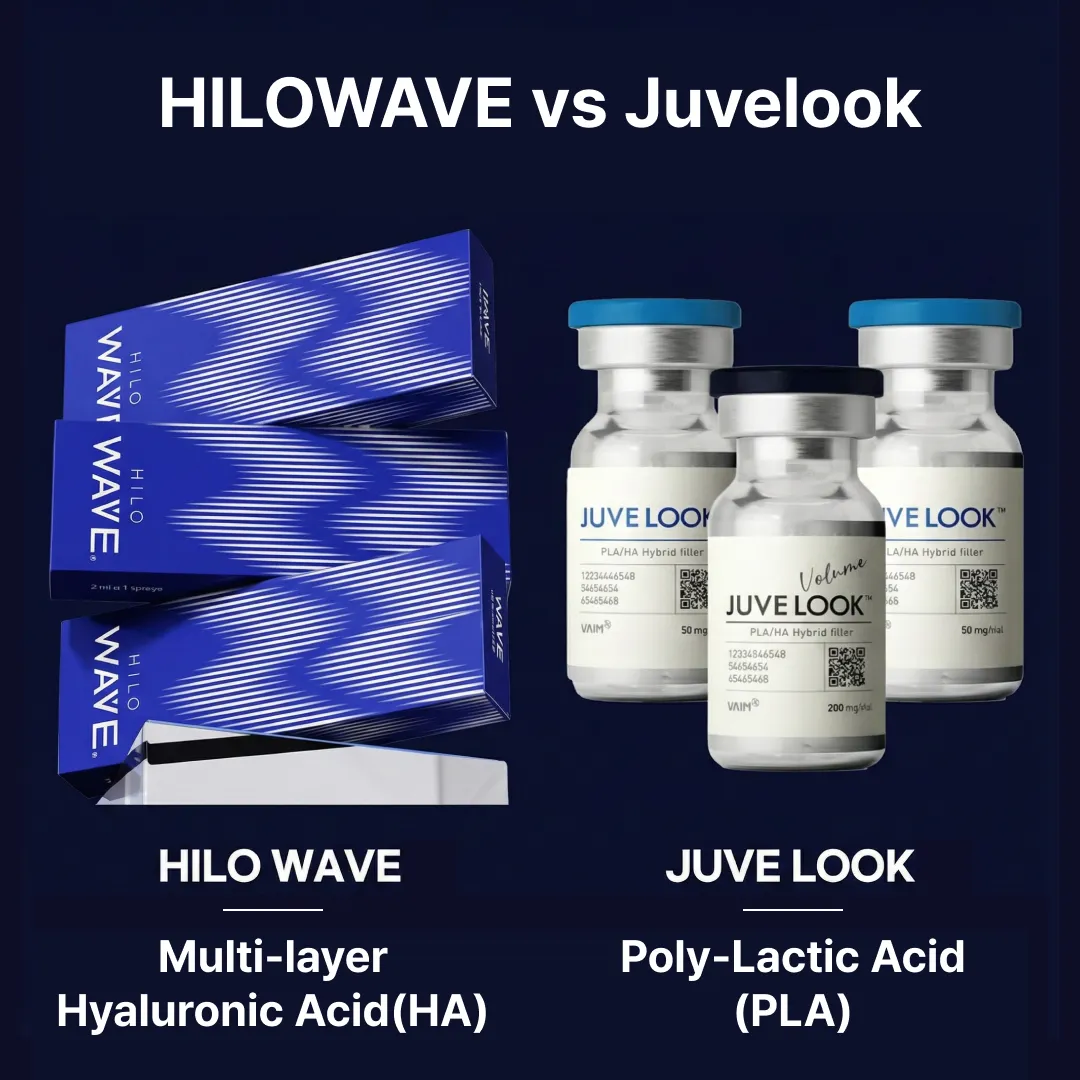 Side-by-side comparison table of HILOWAVE HA booster and Juvelook PLA skin treatment at Seye Clinic.