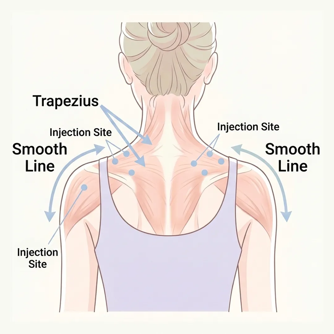 Illustration showing trapezius muscle and injection sites for shoulder filler