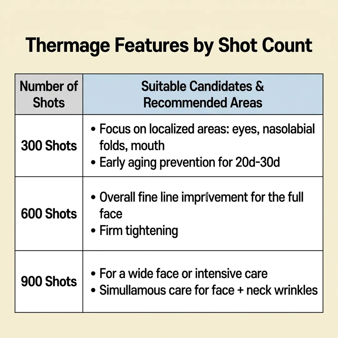 Thermage features and recommended areas by 300, 600, and 900 shot counts