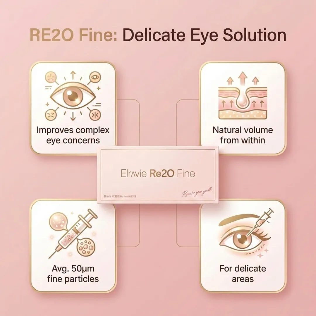 Before and after comparison showing the effect of Re2O Fine on under-eye wrinkles and volume.