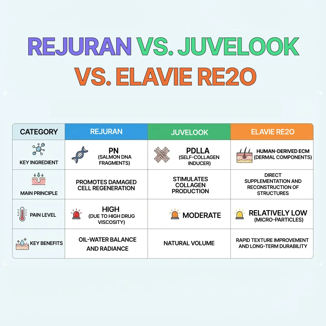Comparison chart of Re2O, Rejuran, and Juvelook longevity and ingredients