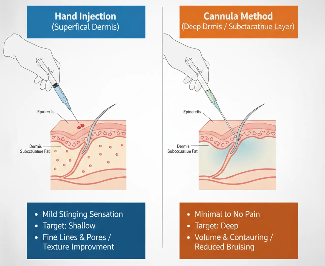Comparison chart of Re2O and Rejuran pain levels and injection methods at Seye Clinic