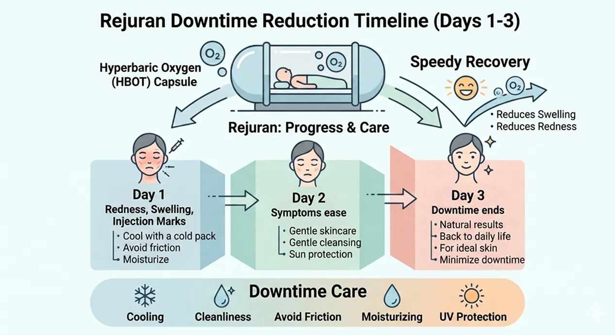 Rejuran downtime reduction timeline showing days 1 to 3 and hyperbaric oxygen therapy