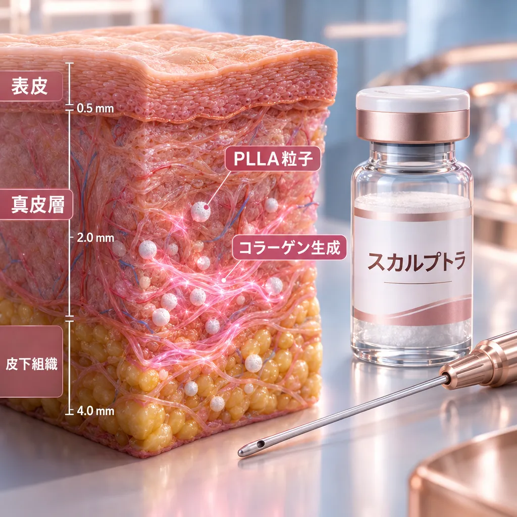 スカルプトラのPLLA粒子によるコラーゲン生成メカニズムの3D断面図