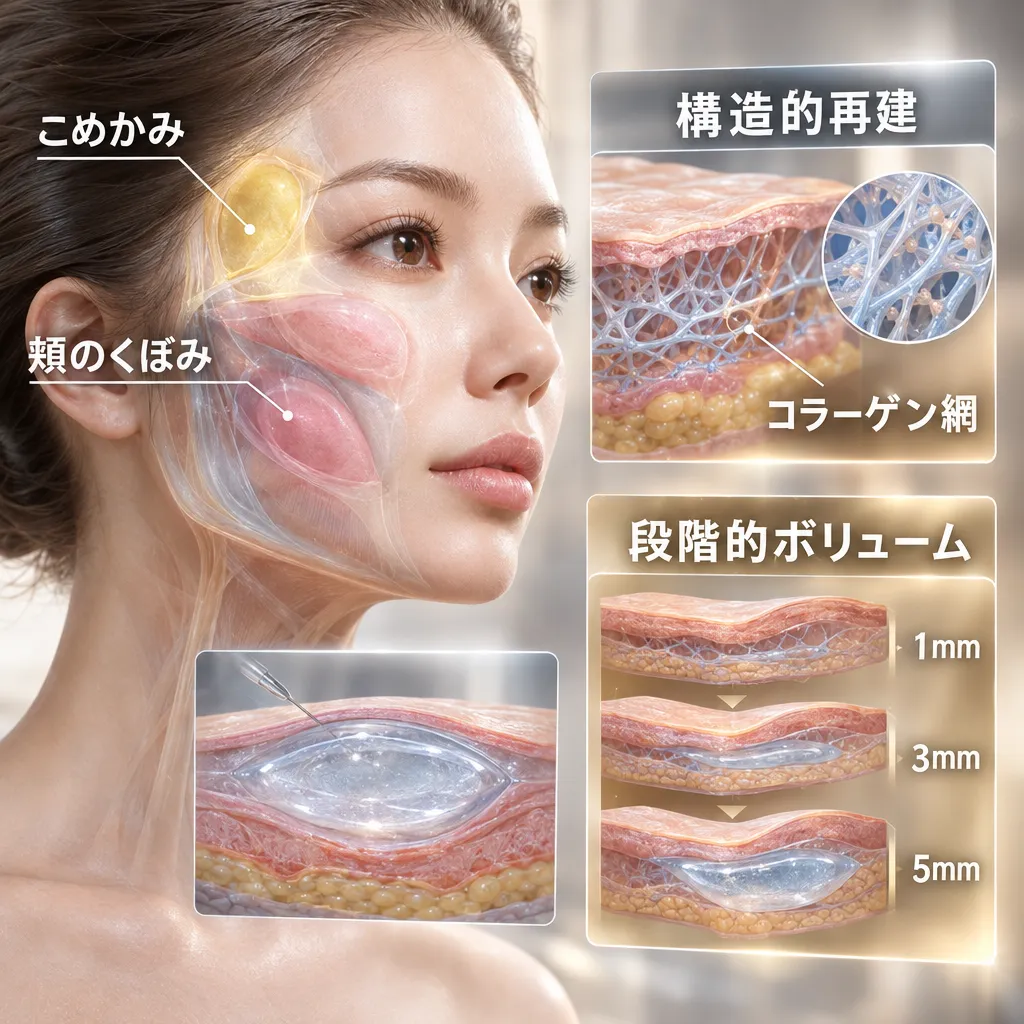 スカルプトラが適応となる顔面構造とこめかみ・頬のボリューム変化イメージ