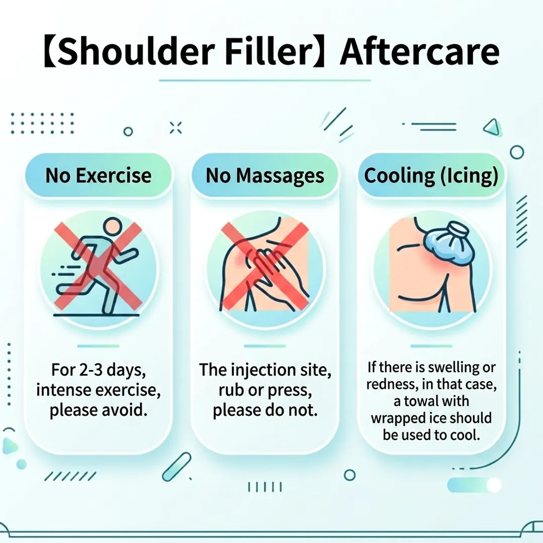Shoulder filler aftercare instructions including no exercise, no massages, and cooling