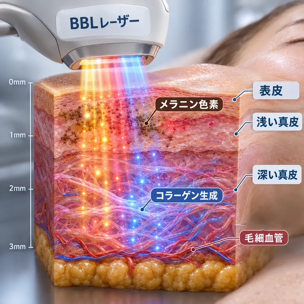 BBLレーザーの多波長照射メカニズムと肌層別アプローチの3D断面図